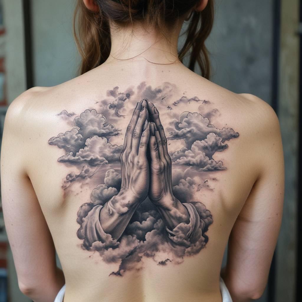 42 Divine And Meaningful Ideas For Praying Hands Tattoos That Improve One's Character! 31 Praying Hands and Clouds tattoo